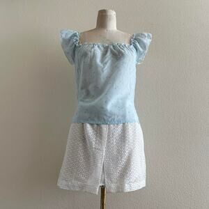 handmade light blue strawberries print milkmaid top